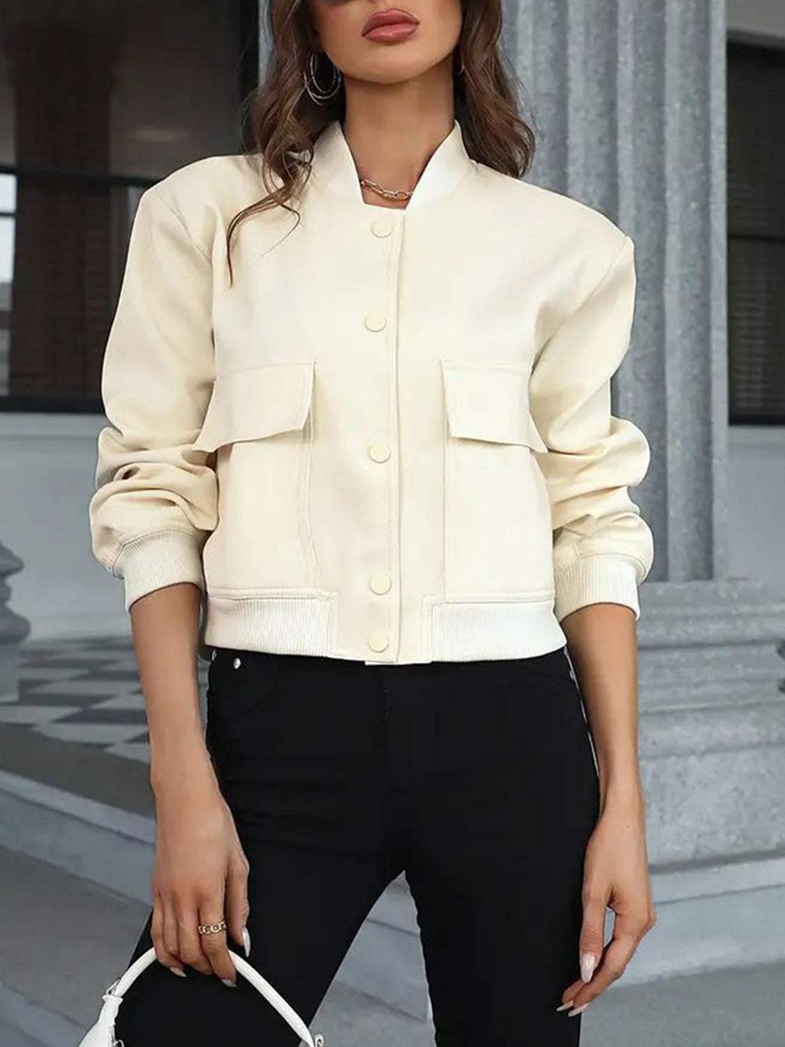 Pocketed Snap Down Baseball Collar Jacket - Trendsi - Flyclothing LLC