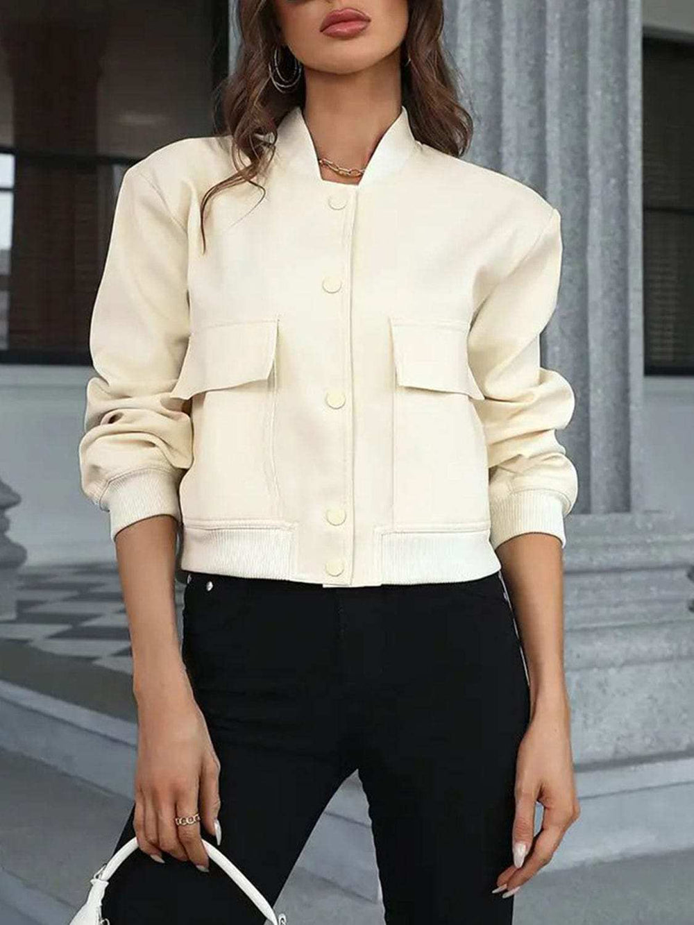 Pocketed Snap Down Baseball Collar Jacket - Trendsi - Flyclothing LLC