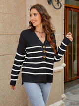 V-Neck Striped Dropped Shoulder Sweater - Trendsi - Flyclothing LLC