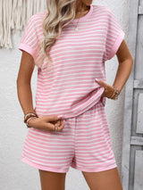 Striped Casual Round Neck Top and Shorts Set - Trendsi - Flyclothing LLC