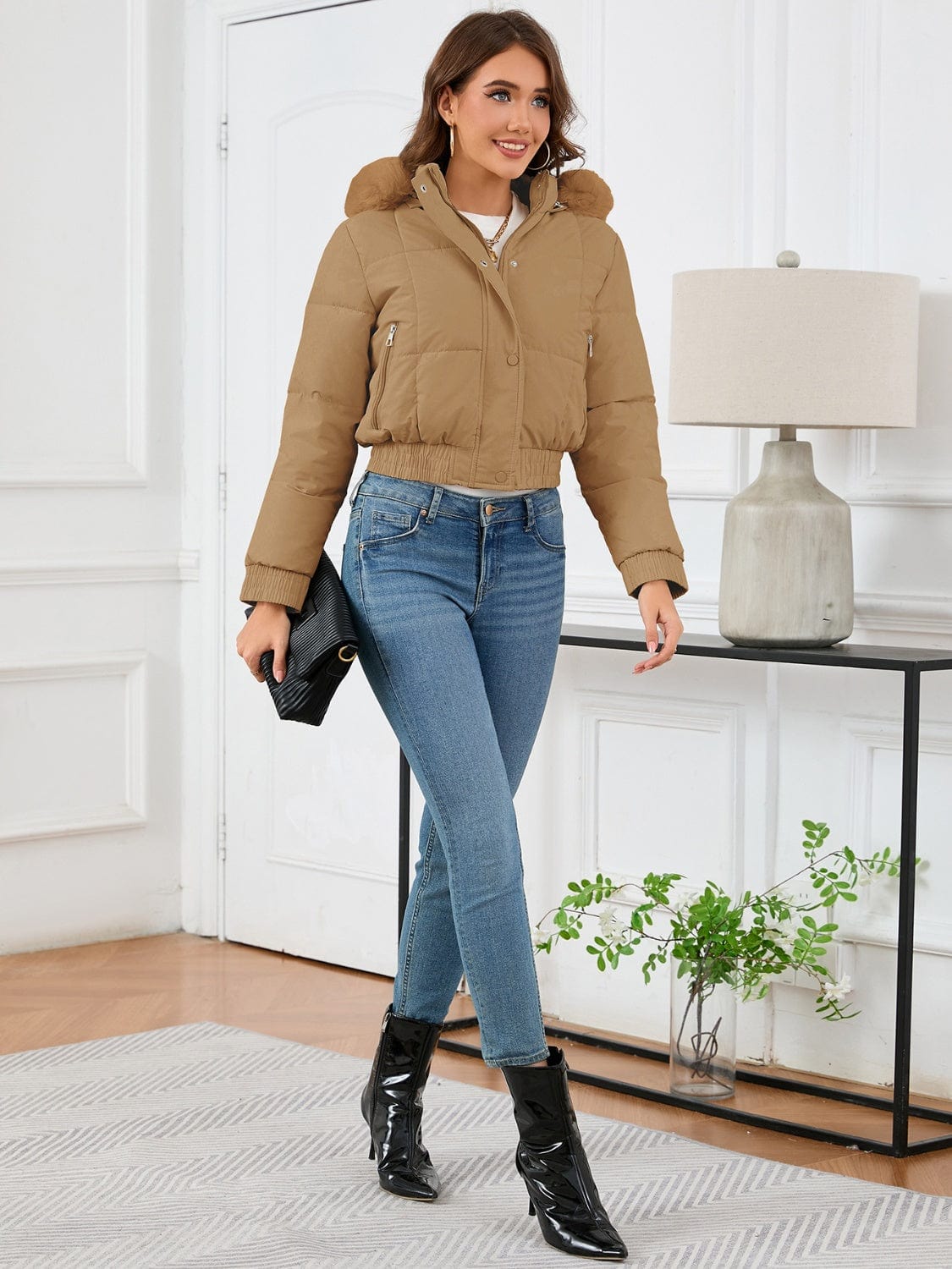 Pocketed Long Sleeve Cropped Hooded Winter Coat - Trendsi
