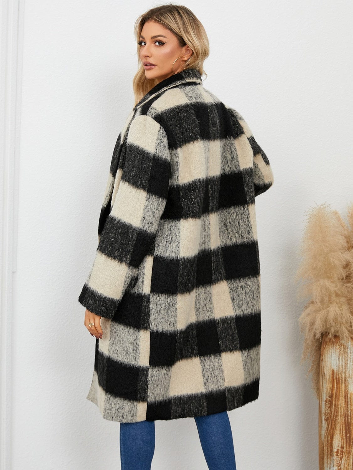 Plaid Double-Breasted Long Sleeve Coat - Trendsi