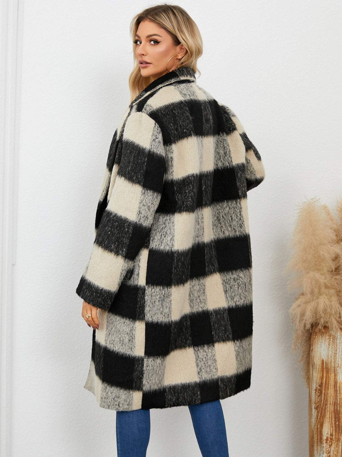 Plaid Double-Breasted Long Sleeve Coat - Trendsi - Flyclothing LLC