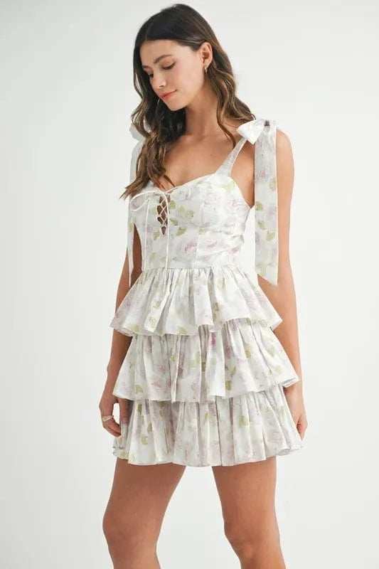 MABLE Floral Print Shoulder Tie Layered Mini Dress - Trendsi - Flyclothing LLC