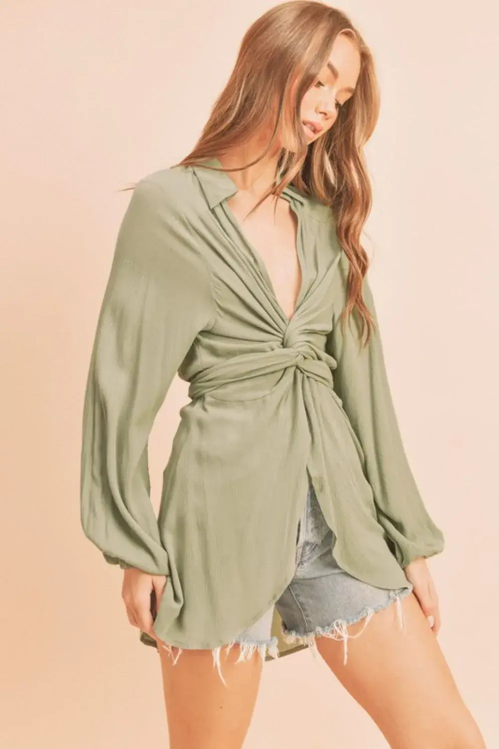 Aemi + Co Tied Collared Neck Long Sleeve Top - Trendsi - Flyclothing LLC