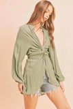 Aemi + Co Tied Collared Neck Long Sleeve Top - Trendsi - Flyclothing LLC