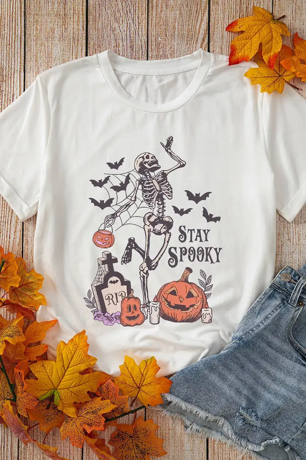 Full Size Skull Pumpkin Face STAY SPOOKY Graphic Halloween T Shirt Plus Size - Trendsi - Flyclothing LLC