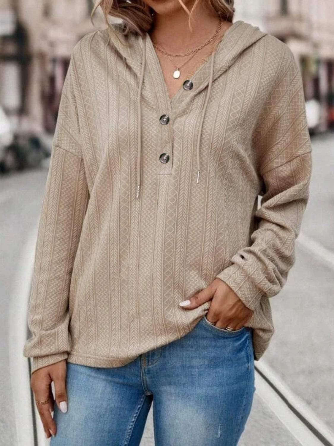 Drawstring Dropped Shoulder Long Sleeve Hoodie - Trendsi - Flyclothing LLC