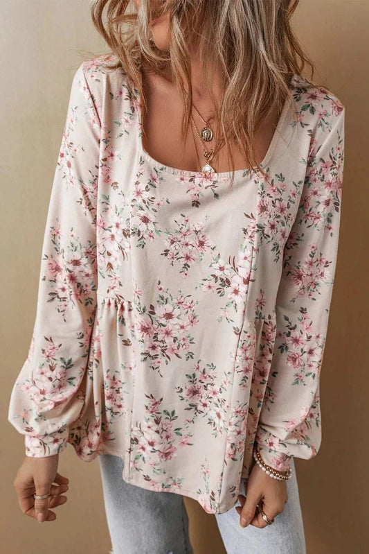 Printed Square Neck Long Sleeve Blouse - Trendsi - Flyclothing LLC