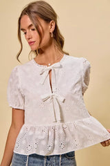 SO ME Cotton Eyelet Front Tie Short Sleeves Blouse - Trendsi - Flyclothing LLC
