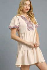 Umgee Floral Trim Puff Sleeve Mini Dress - Trendsi - Flyclothing LLC