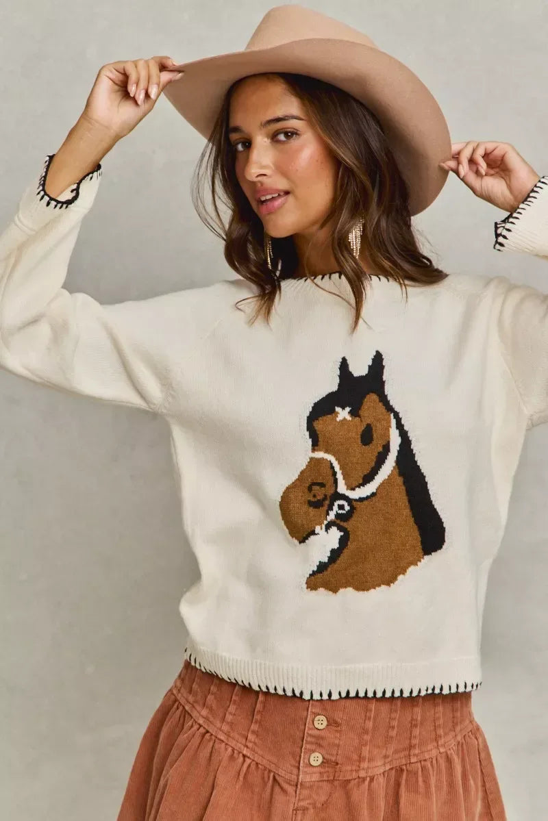SO ME Horse Knit Sweater Top with Blanket Stitch - Trendsi - Flyclothing LLC
