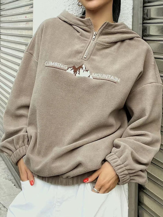 Mountain Quarter Zip Long Sleeve Hoodie - Trendsi