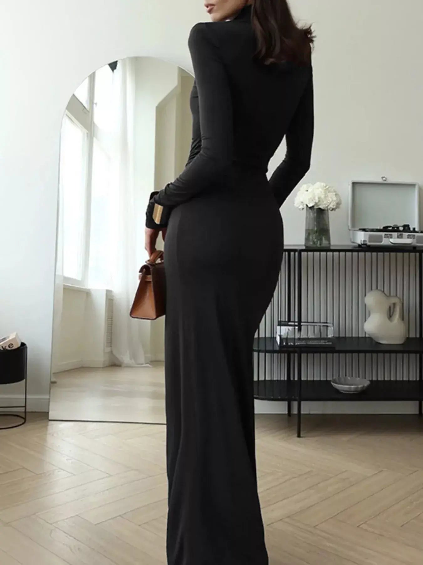 Turtleneck Long Sleeve Slit Maxi Dress - Trendsi - Flyclothing LLC