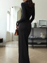 Turtleneck Long Sleeve Slit Maxi Dress - Trendsi - Flyclothing LLC