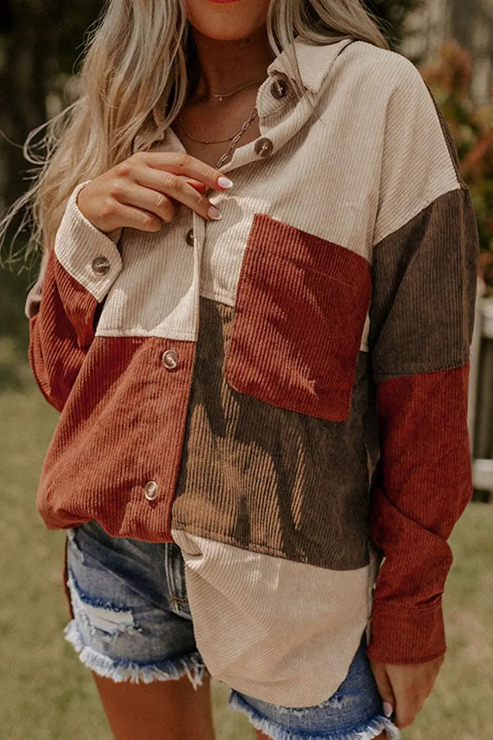 Color Block Curved Hem Corduroy Shacket with Pocket - Trendsi - Flyclothing LLC