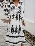Devine Printed Surplice Lantern Sleeve Midi Dress - Trendsi - Flyclothing LLC