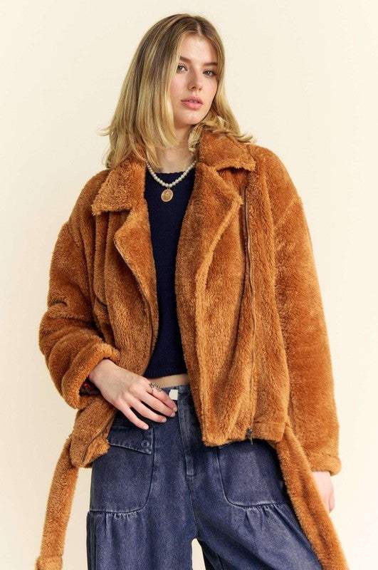 Davi & Dani Fuzzy Zip Up Collared Neck Jacket - Trendsi - Flyclothing LLC