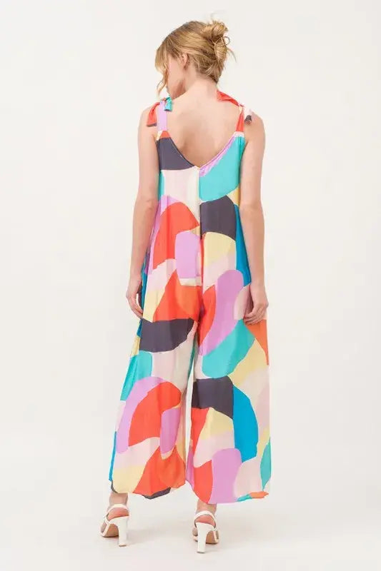 And The Why Tied Shoulder Straps Wide-Leg Geo Print Jumpsuit - Trendsi - Flyclothing LLC