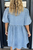 Bowknot Round Neck Half Sleeve Denim Dress - Trendsi - Flyclothing LLC
