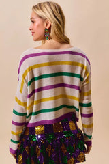SO ME Mardi Gras Color Stripe Lightweight Sweater Top - Trendsi - Flyclothing LLC
