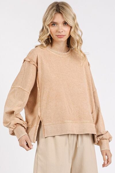 Mittoshop Side Slit Exposed Seam Round Neck Sweatshirt - Trendsi