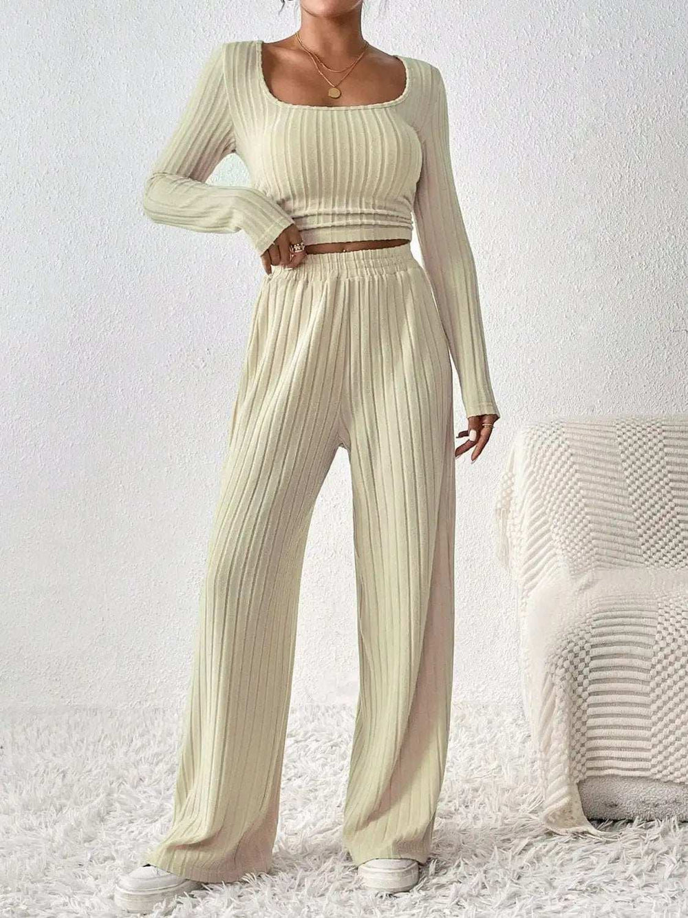 Scoop Neck Long Sleeve Top and Pants Set - Trendsi - Flyclothing LLC