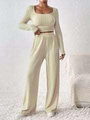Scoop Neck Long Sleeve Top and Pants Set - Trendsi