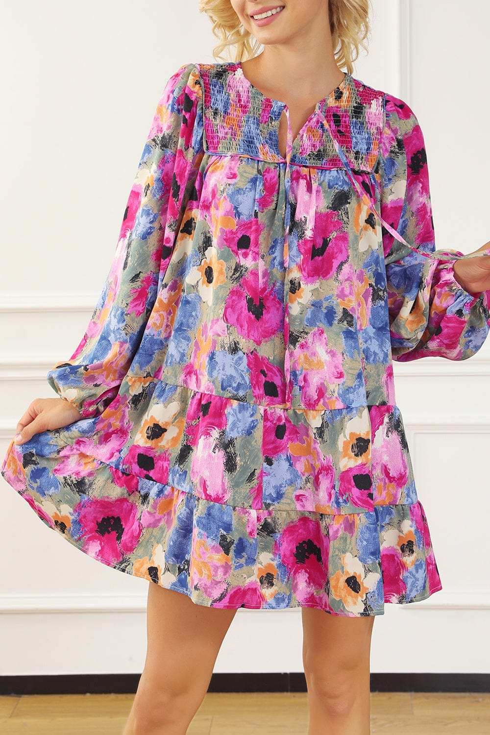 Printed Tie Neck Long Sleeve Mini Dress - Trendsi - Flyclothing LLC