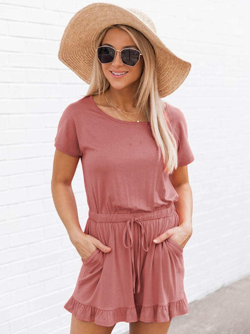 Ruffled Boat Neck Short Sleeve Romper - Trendsi - Flyclothing LLC