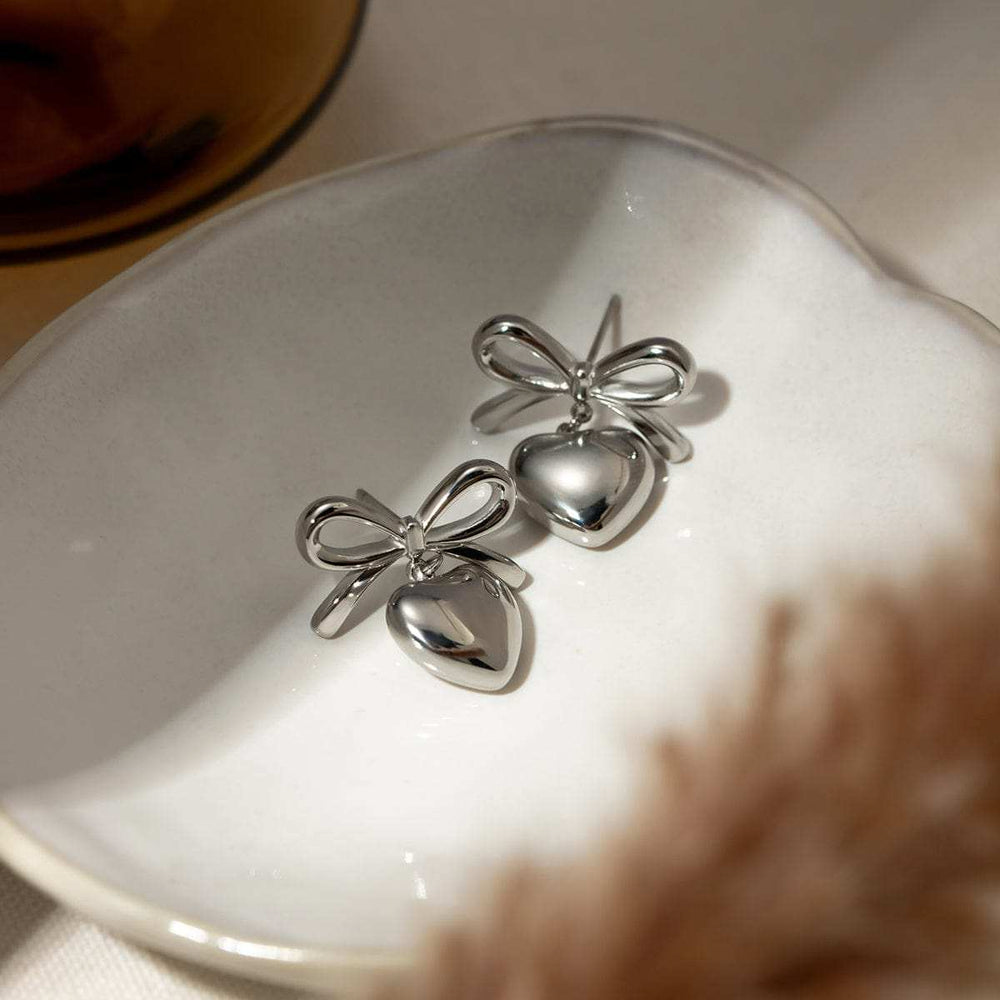 Stainless Steel Bow & Heart Drop Earrings - Trendsi - Flyclothing LLC