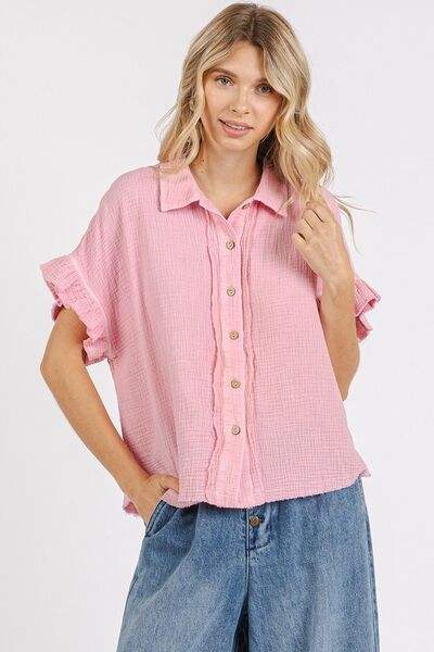 Mittoshop Mineral Washed Button Down Flounce Sleeve Shirt - Trendsi - Flyclothing LLC