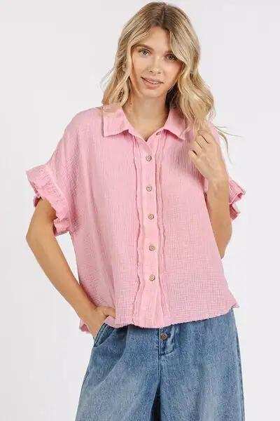Mittoshop Mineral Washed Button Down Flounce Sleeve Shirt - Trendsi - Flyclothing LLC