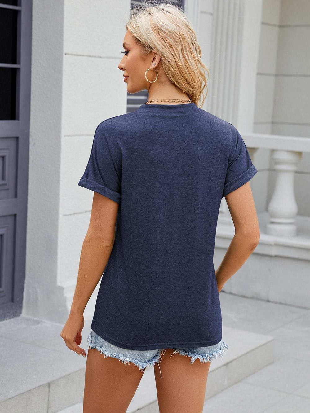 Decorative Button Notched Short Sleeve T-Shirt - Trendsi - Flyclothing LLC