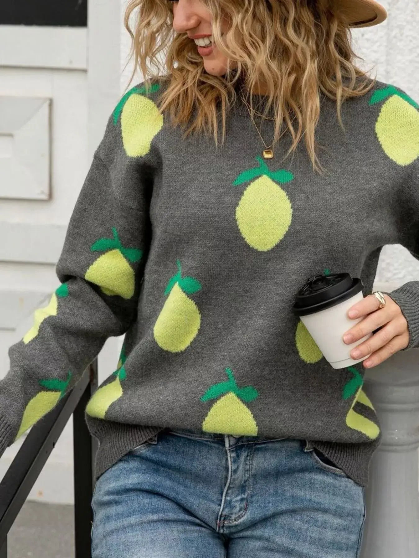 Lemon Crew Neck Round Neck Sweater - Trendsi - Flyclothing LLC