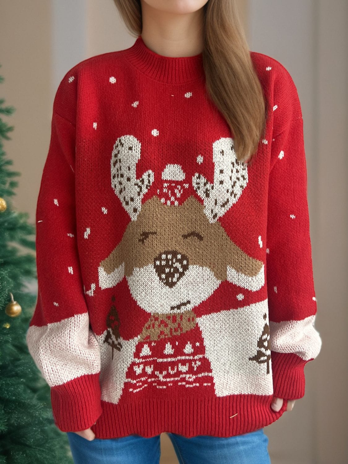 Reindeer Mock Neck Long Sleeve Sweater - Trendsi