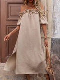 Ruffled Off-Shoulder Puff Sleeve Midi Dress - Trendsi