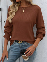 Ribbed Knit Ruffle Cuff T-Shirt - Trendsi - Flyclothing LLC