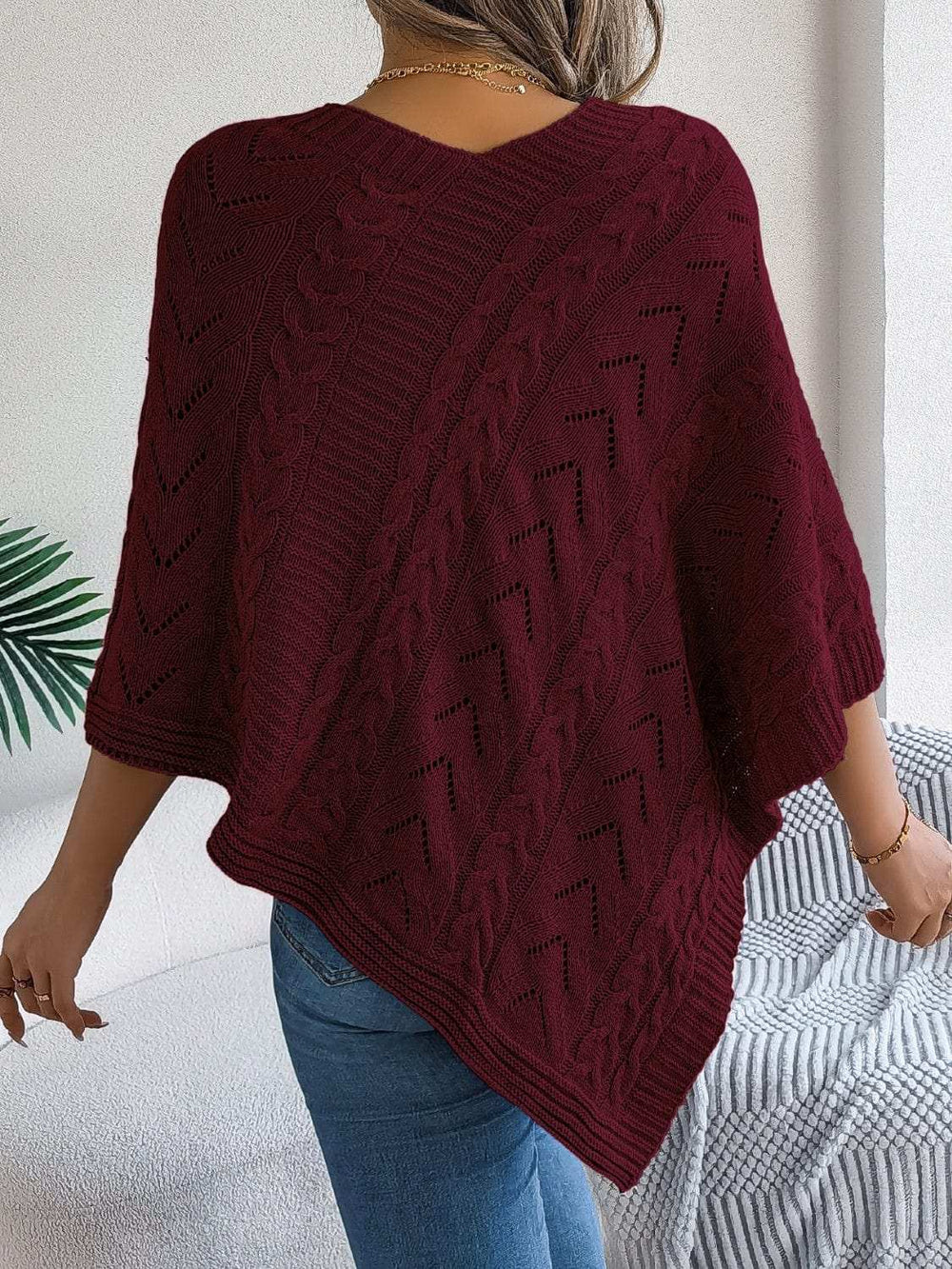 Cable-Knit Openwork Three-Quarter Sleeve Sweater - Trendsi - Flyclothing LLC
