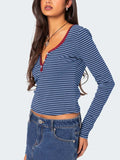 Buttoned Striped Long Sleeve T-Shirt - Trendsi - Flyclothing LLC