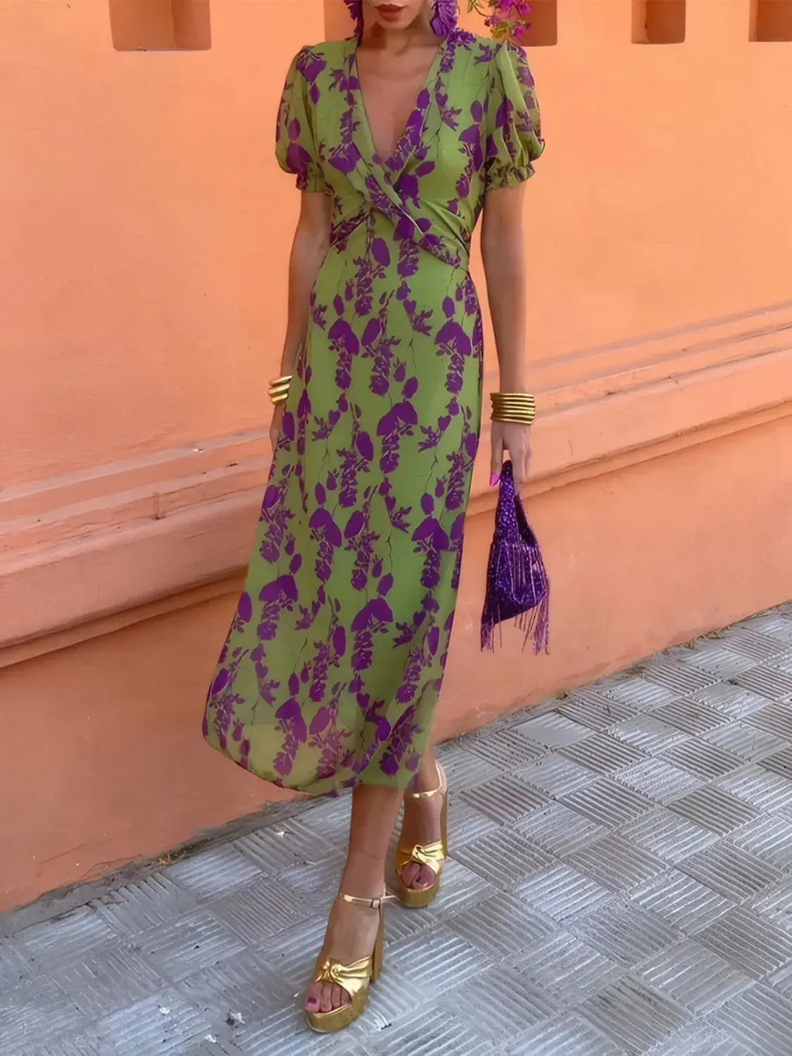 Printed Plunge Short Sleeve Midi Dress - Trendsi - Flyclothing LLC