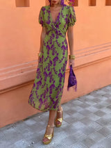 Printed Plunge Short Sleeve Midi Dress - Trendsi - Flyclothing LLC