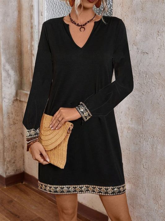 Embroidered Notched Long Sleeve Mini Dress - Trendsi