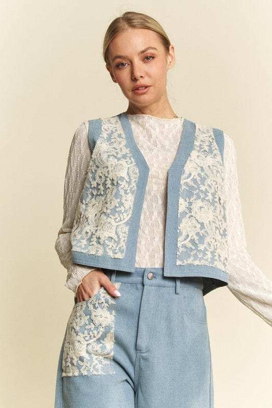 Davi & Dani Lace Patch Open Front Denim Vest - Trendsi - Flyclothing LLC