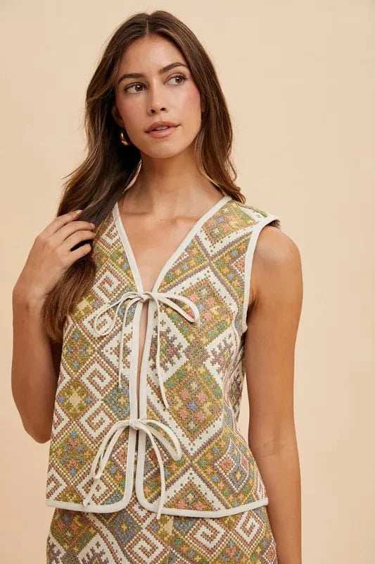 Annie Wear Ethnic Woven Jacquard Tie Front Vest - Trendsi - Flyclothing LLC