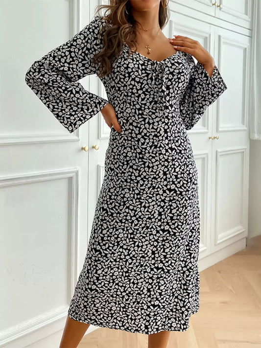 Printed Tie Flare Sleeve Midi Dress - Trendsi - Flyclothing LLC