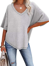 Waffle Knit V-Neck Short Sleeve T-Shirt - Trendsi - Flyclothing LLC