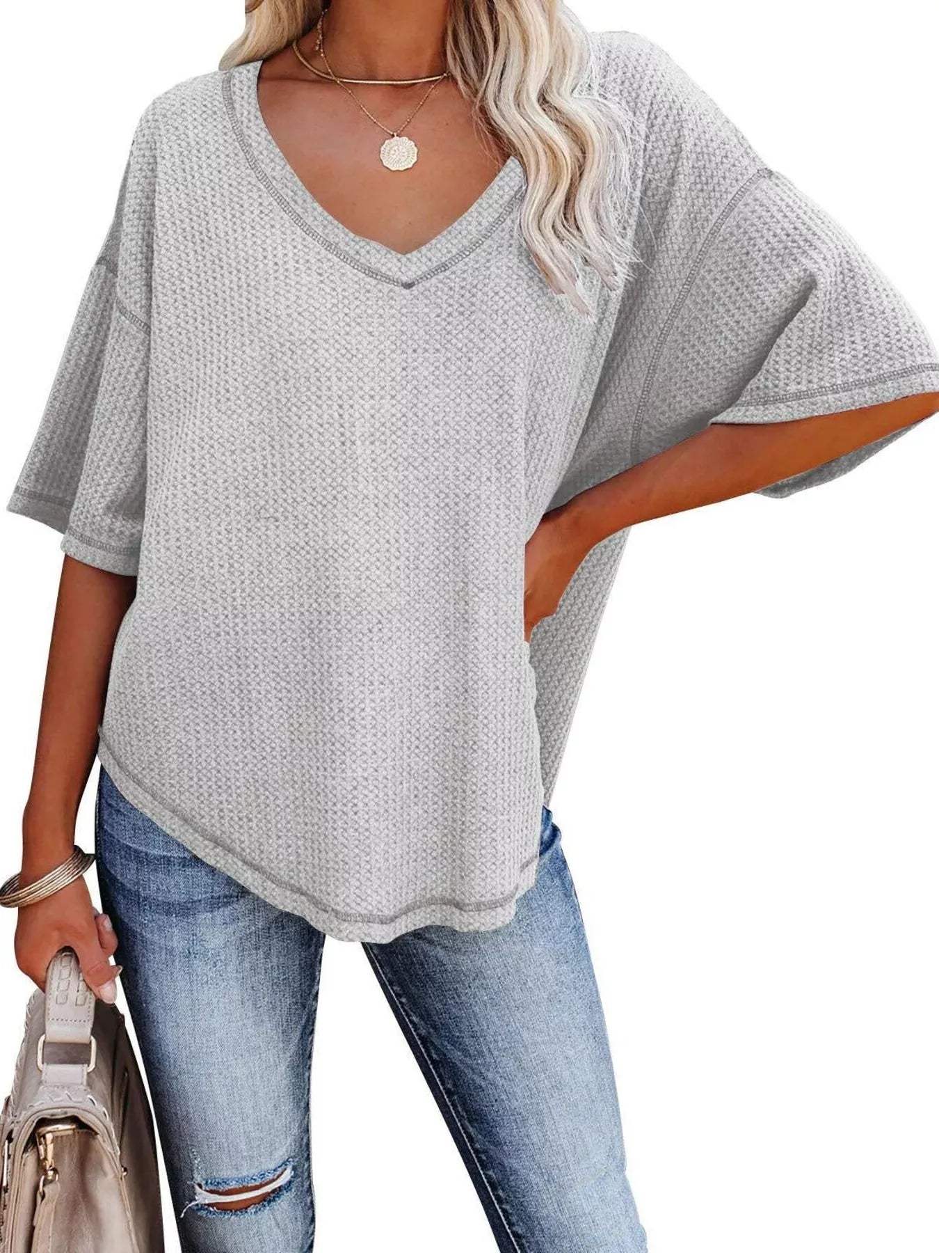 Waffle Knit V-Neck Short Sleeve T-Shirt - Trendsi - Flyclothing LLC