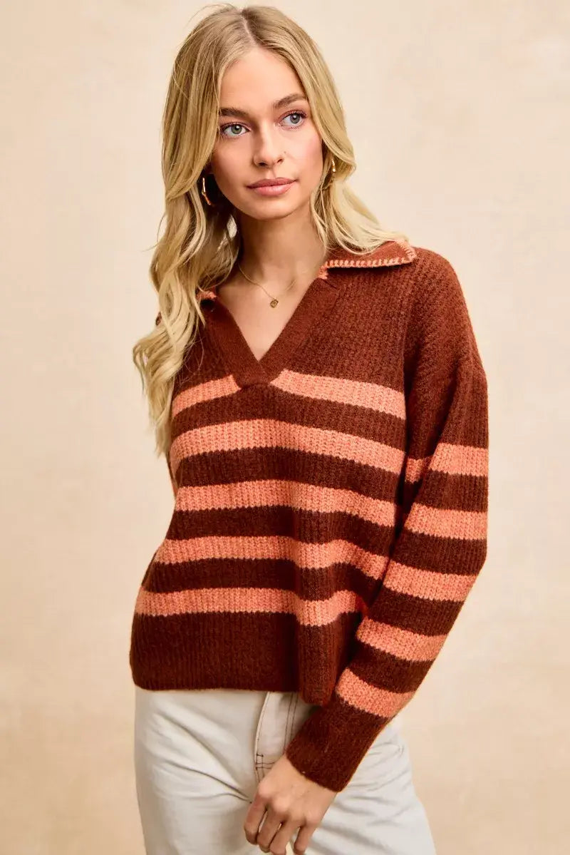 BiBi Striped Sweater Top with Collar Stitched Details - Trendsi - Flyclothing LLC