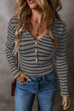 Striped V-Neck Long Sleeve Top - Trendsi - Flyclothing LLC